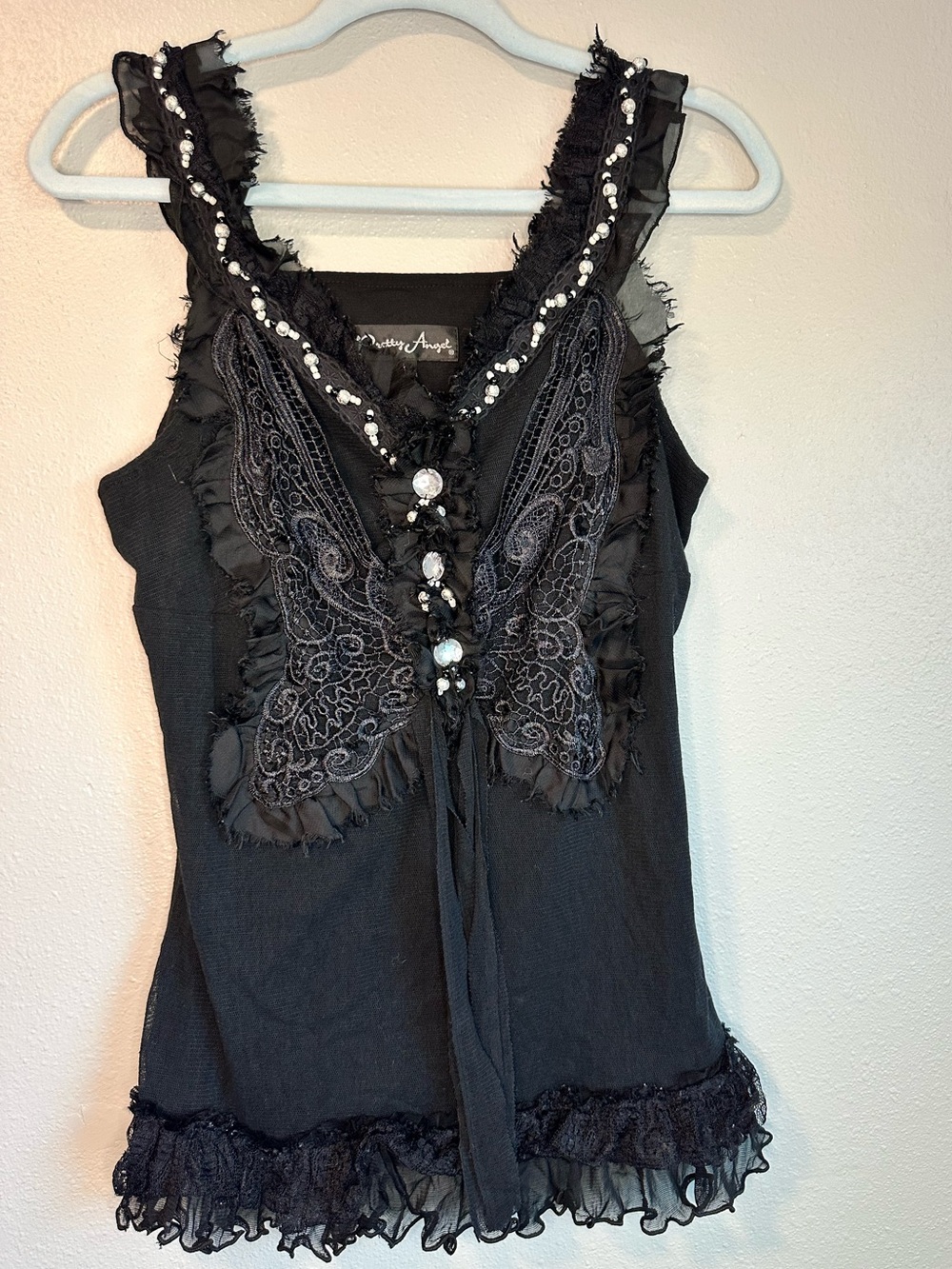 Y2K Whimsigoth Black Lace Mesh Beaded Butterfly Cami Tank Top Pretty Angel